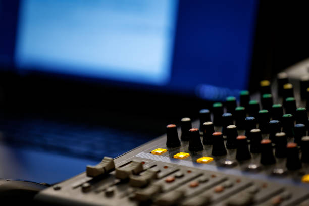 istock Detailed photo with knobs on a audio mixer desk soundboard 1717020265