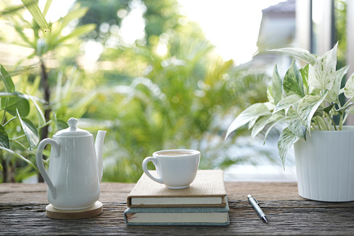white tea cup and tea pot and plant pot and notebook on wooden tray and table balcony outdoor view