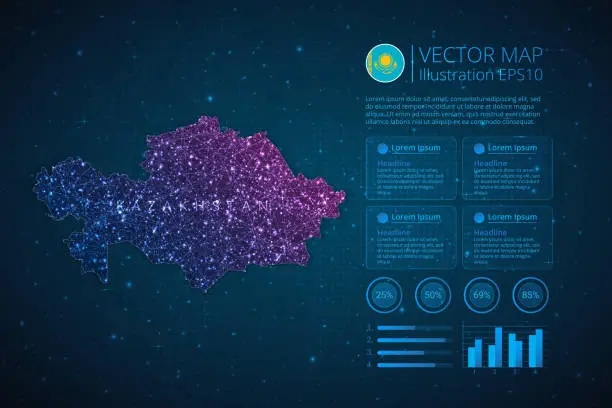 Vector illustration of Kazakhstan map infographics template for diagram, graph, presentation and chart with abstract geometric mesh polygonal light concept on blue background