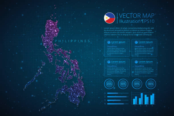 philippinen-karten-infografik-vorlage für diagramm, grafik, präsentation und diagramm mit abstraktem geometrischem netz polygonales lichtkonzept auf blauem hintergrund - manila philippines map philippines flag stock-grafiken, -clipart, -cartoons und -symbole