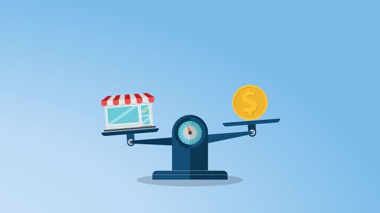 Shop and a stack of coin on the scale. Small business concept.