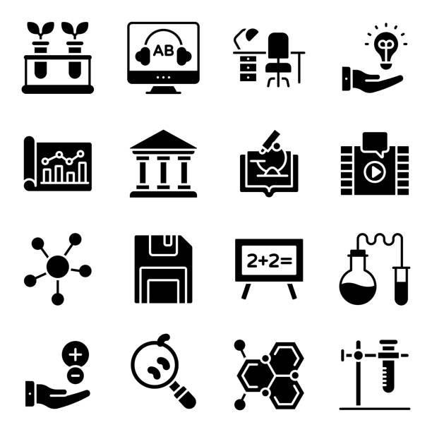набор сплошных иконок для научного образования - computer network topology stock illustrations