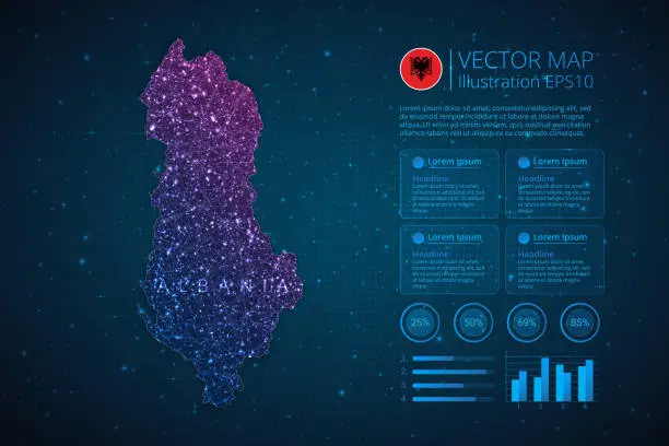 Vector illustration of Albania map infographics template for diagram, graph, presentation and chart with abstract geometric mesh polygonal light concept on blue background