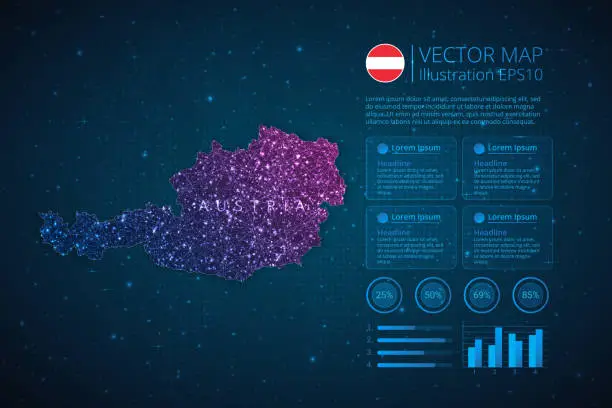 Vector illustration of Austria map infographics template for diagram, graph, presentation and chart with abstract geometric mesh polygonal light concept on blue background