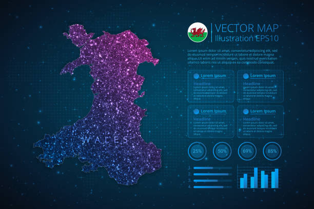 ilustrações de stock, clip art, desenhos animados e ícones de wales map infographics template for diagram, graph, presentation and chart with abstract geometric mesh polygonal light concept on blue background - wales cardiff map welsh flag