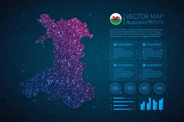 Vector illustration of Wales map infographics template for diagram, graph, presentation and chart with abstract geometric mesh polygonal light concept on blue background