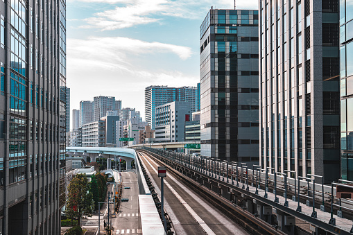 Cityscape from monorail sky train in Tokyo