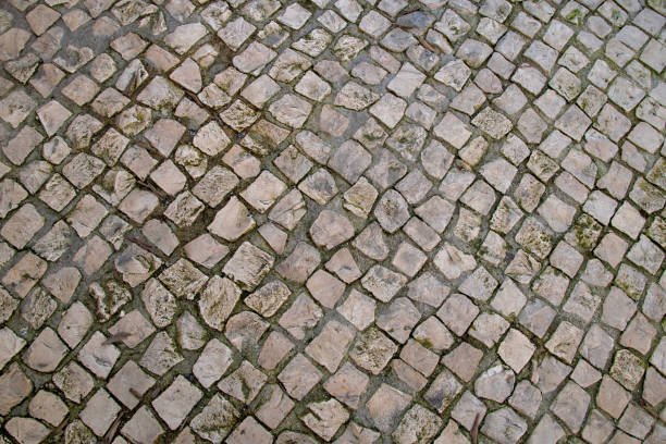 istock Paved pavement close up, granite cobblestoned pavement background, abstract stone pavement texture 1717054369