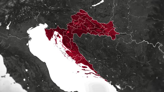 Zoom in on monochrome map of Croatia, 4K, high quality, dark theme, simple world map, monochrome style, night, highlighted country and cities, satellite and aerial view of provinces, state, city,