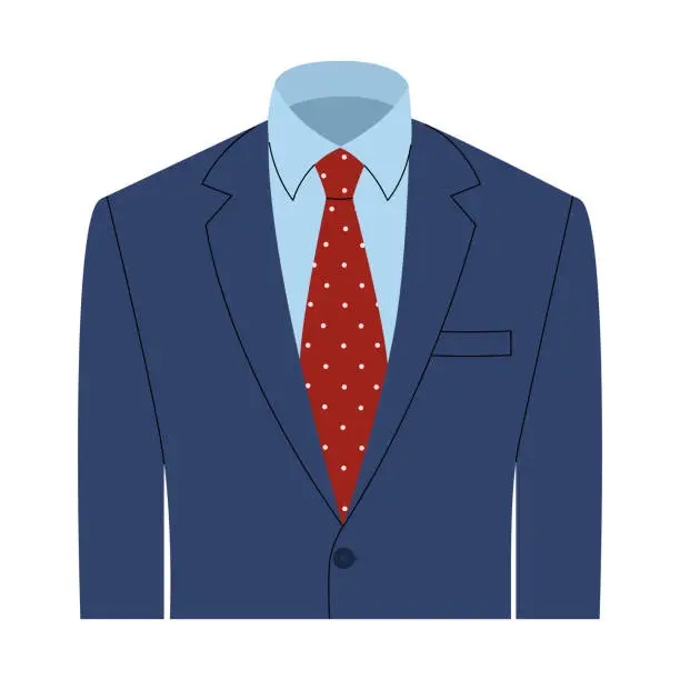 Vector illustration of Blue men's jacket with blue shirt and red polka dot tie. Male business suit with blazer. Vector flat illustration isolated on white background