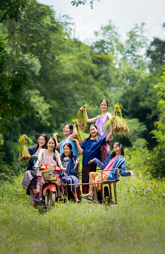 Vertical image of Asian young teenage girls sit on motorcycle sidecar with smiling and someone also hold rice seedlings and look at camera.