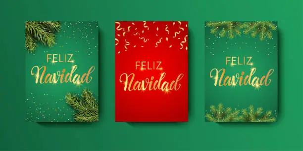 Vector illustration of Feliz Navidad - Merry Christmas in Spanish text for card for your design.  Christmas tree on a red and green background. Vector Illustration.