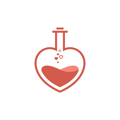 Heart shaped test tube, Love elixir, Love Lab Logo Symbol Design Template Flat Style Vector