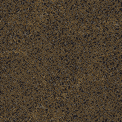Vector seamless pattern from gold colored curly lines with metallic shine on a black background