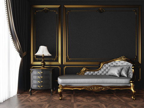 Classic style sofa with gold element in black lving room.3d rendering
