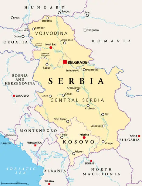 Vector illustration of Serbia and Kosovo, landlocked countries in Southeast Europe, political map