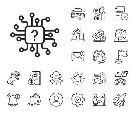 Support network sign. Salaryman, gender equality and alert bell outline icons. Artificial intelligence line icon. Question mark symbol. Artificial intelligence line sign. Vector
