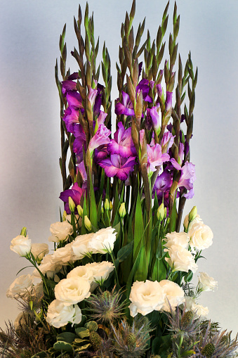 Flower arrangement of pink Gladiolus and white Lisianthus bloom