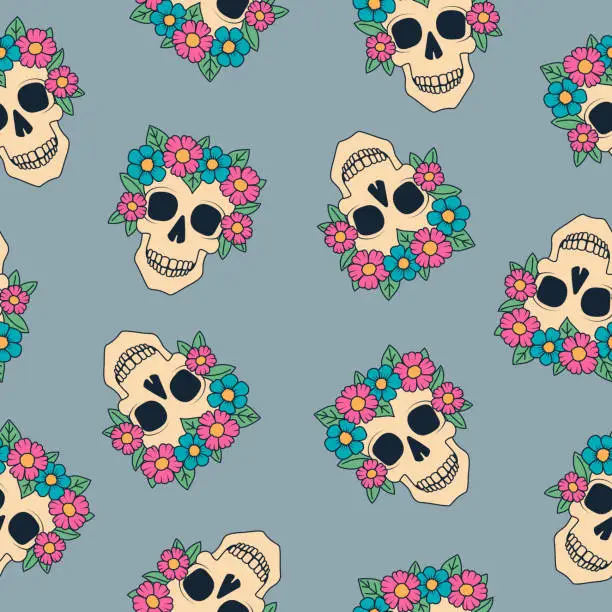 Vector illustration of Skull with flowers seamless pattern. Day of the Dead Skull, Dia de los Muertos.