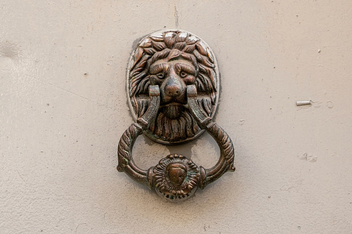 Vintage bronze lion's head doorknobs adorn a striking red door, exuding an air of regal elegance and timeless charm.