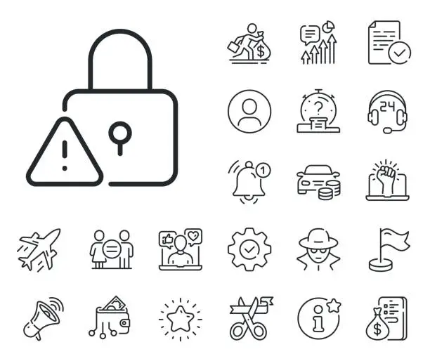 Vector illustration of Lock line icon. Padlock warning sign. Salaryman, gender equality and alert bell. Vector