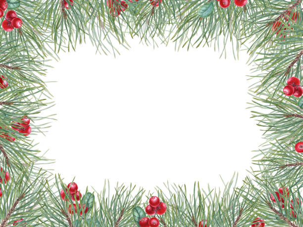 istock Christmas pine frame. Xmas tree branch with red cranberries. Spruce, Fir, evergreen plant, cowberries, wild berry. Copy space for text. Watercolor illustration isolated on white background. 1717160263