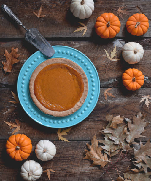 istock Top view of pumpkin pie on plate surrounded by mini pumpkins 1717162584