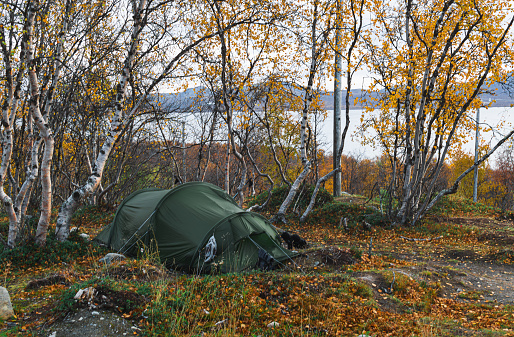 Camping on the bank of the lake in the autumn forest in Kilpisjarvi, Finland