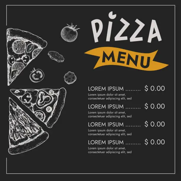 Vector illustration of Pizza menu design template. Hand drawn sketch style elements in chalkboard style. Best for restaurant and delivery flyers, menus etc. Vector illustration.