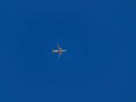 jet plane, flying at high altitude, crossing a cloudless blue sky - POA,  SAO PAULO,  BRAZIL.