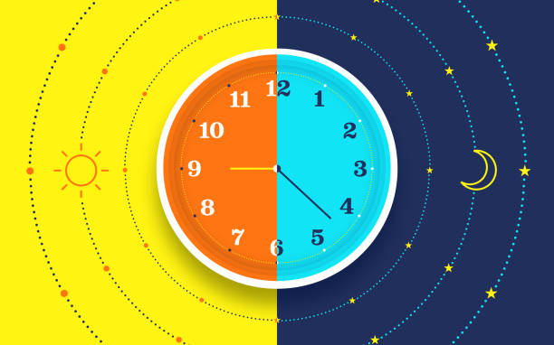 Day and Night Clock Time Concept Day and night hours passing clock time concept illustration. morning afternoon night stock illustrations
