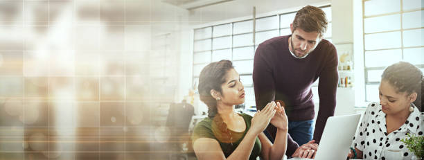 istock Training, laptop and overlay with business people in office for teamwork, advice and learning. Website, creative agency and coaching with employees on banner for digital, consulting and help mockup 1717195550
