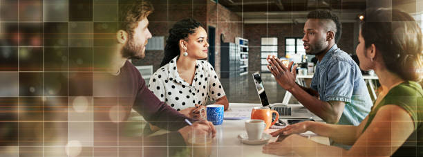 istock Banner, talking and business people in a meeting at work for a discussion, workshop or teamwork. Morning, training or a black man speaking to employees about an agenda, schedule or planning together 1717196030