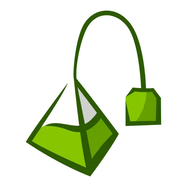 Vector illustration of Tea bag with green tea. Illustration of traditional drink.
