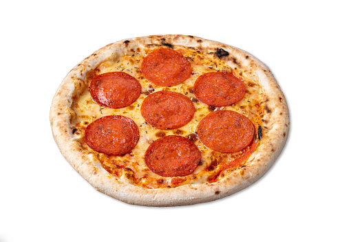 Pepperoni sausage style pizza isolated over white background.