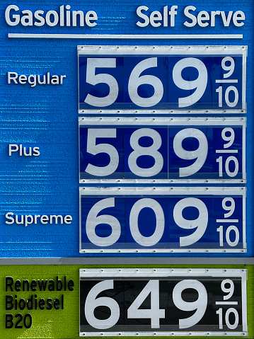 Gas station price sign. The average gasoline price in California exceeded 5 dollars per gallon - San Jose, California, USA - March 11, 2022