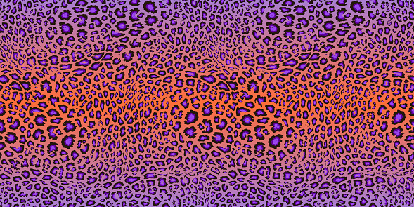 Leopard print pattern. Vector seamless background. Animal skin texture in retro 1980 - 1990's fashion style, trendy neon colors, purple, orange, holographic effect. Vibrant pop art pattern design