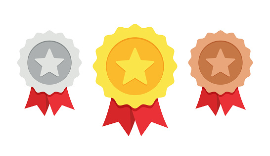 Gold, silver, bronze medal. 1. 2. and 3. places. Trophy with red ribbon. Flat vector
