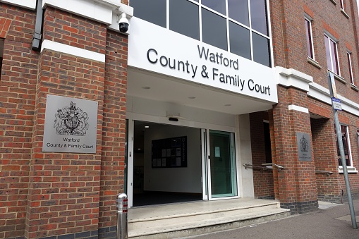 Watford, Hertfordshire, England, UK - October 4th 2023: Watford County and Family Court entrance, 10 King Street, Watford