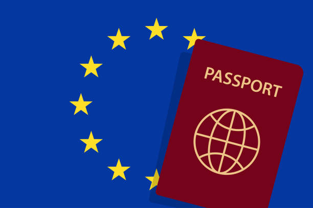 istock European Union Passport. European Union Flag Background. Vector illustration 1717215449