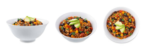 Pumpkin Chili con carne in a bowl on a white isolated background