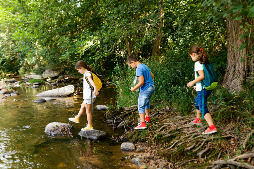 Children walking trough the river and exploring the nature