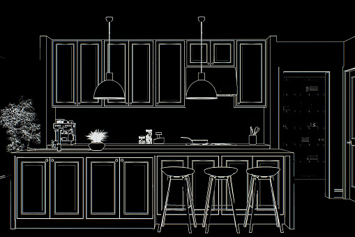 Kitchen project. Painted kitchen on black canvas with island and appliances. 3d render