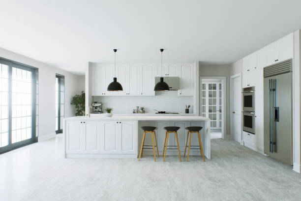 istock Modern bright kitchen with large island and kitchen appliances. Spacious kitchen with large windows framed in black and bar stools. 3d rendering 1717263267