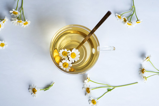 Chamomile tea with chamomile flowers on a white background.Top view