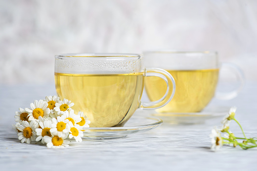 Chamomile tea with chamomile flowers on a white background