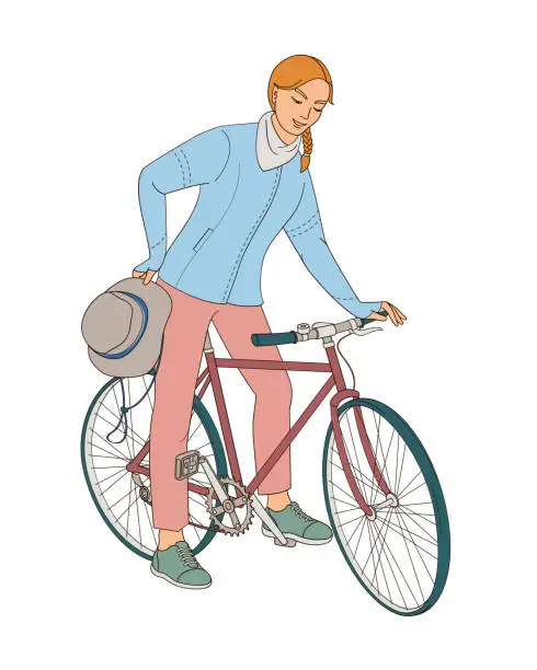 Vector illustration of women on bicycle in protective clothes with hat