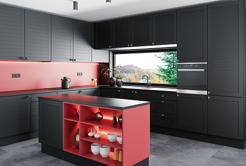 Scandinavian Modern and minimalist apartment interior kitchen. Kitchen with island. Black matte materials with red details finish. Modern furniture. 3d renderings.