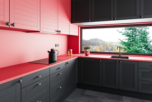 Scandinavian Modern and minimalist apartment interior kitchen. Black matte materials with red details finish. Modern furniture. 3d renderings.