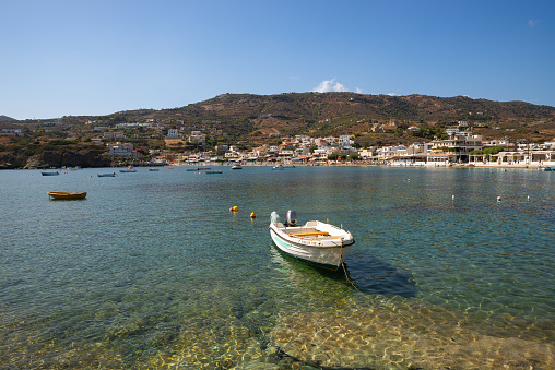 Agia Pelagia, Crete - Greece - September 26th, 2023: Beautiful sunny day at Agia Pelagia Beach in Agia Pelagia, Crete, Greece.